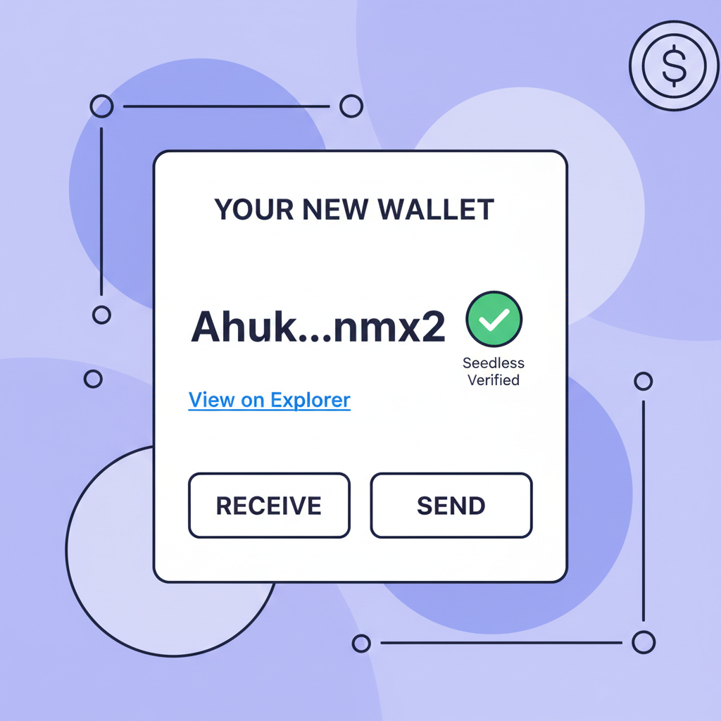 Solana wallet dashboard showing new seedless address, verification checkmark, explorer link