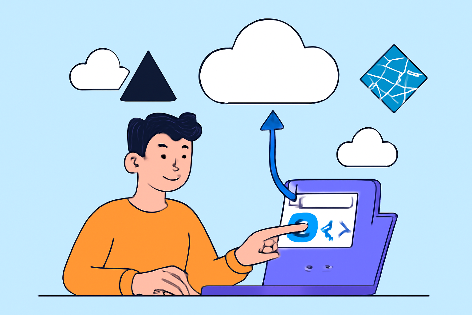 A developer deploying a web app to the cloud using Vercel or Netlify, with a laptop and cloud icons, in a modern, vibrant style