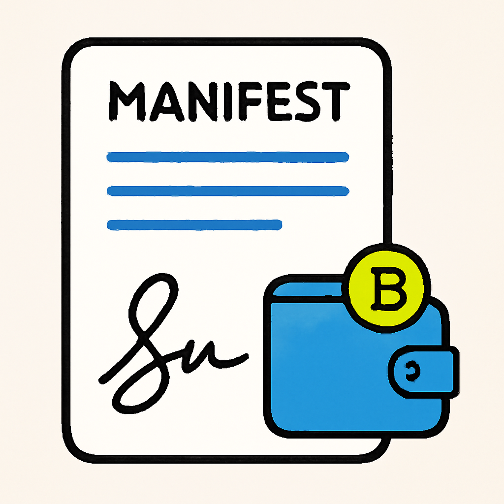 A digital document with a signature and a crypto wallet icon, representing signing a manifest, in a playful, techy style