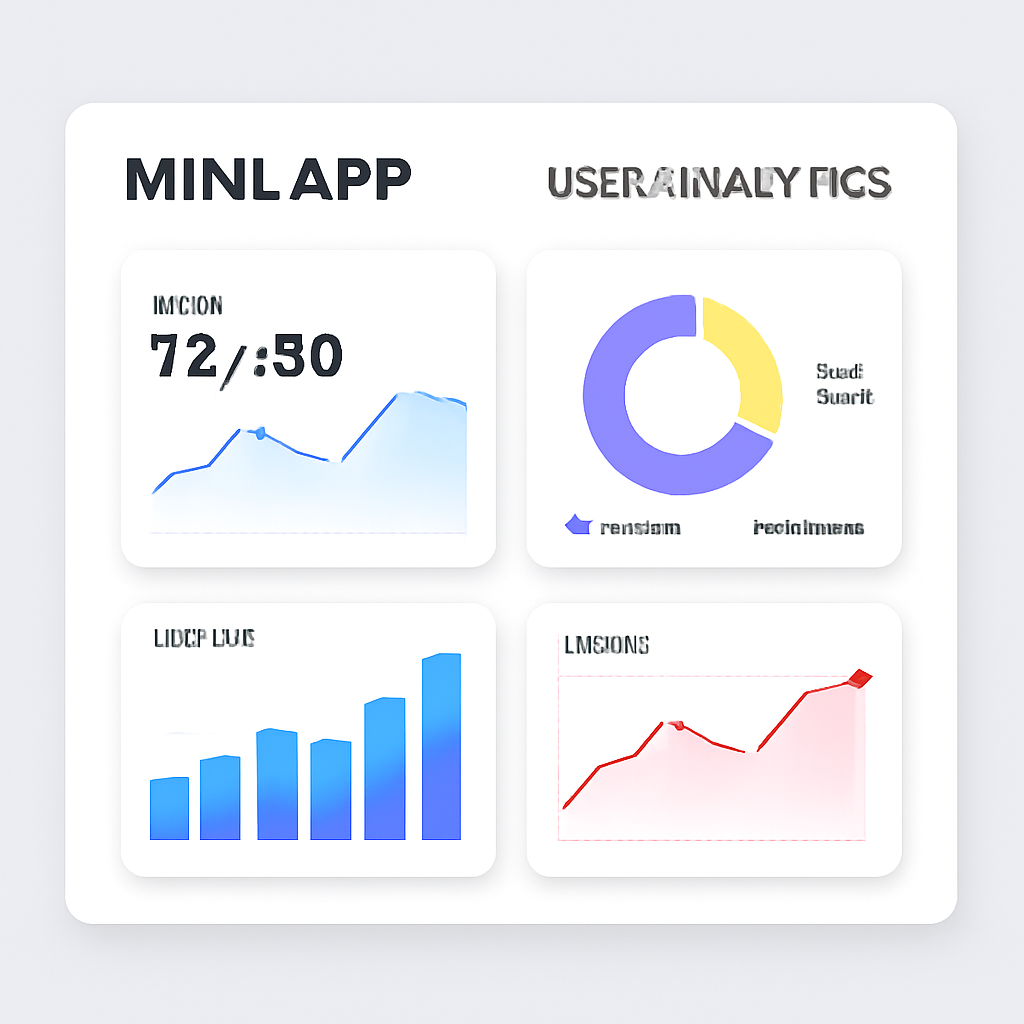 A dashboard with charts and graphs showing user analytics for a Mini App, in a modern, engaging style
