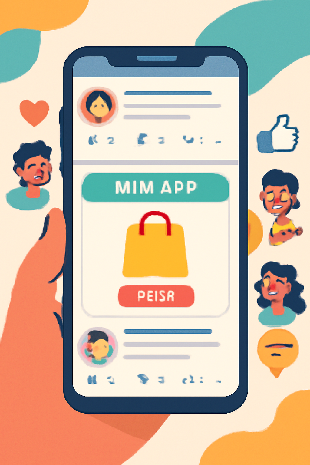 A smartphone displaying a Mini App inside a social media feed, with users sharing and reacting, in a lively, colorful style
