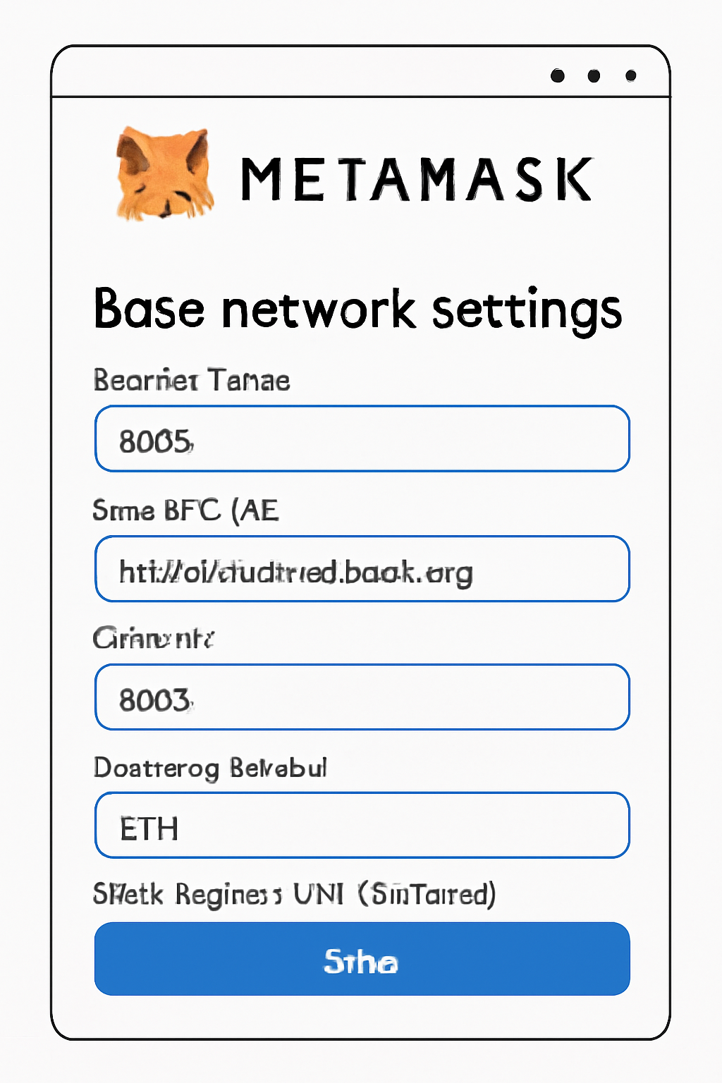 A screenshot-style illustration of a MetaMask wallet with the Base network settings being entered, showing fields like RPC URL and Chain ID.