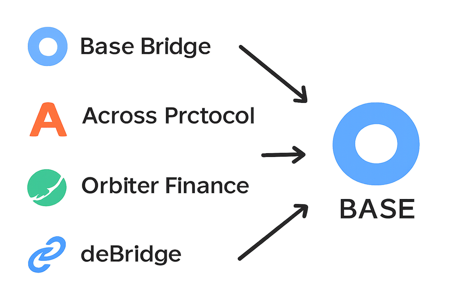 A comparison graphic showing logos of Base Bridge, Across Protocol, Orbiter Finance, and deBridge, with arrows pointing towards the Base logo.