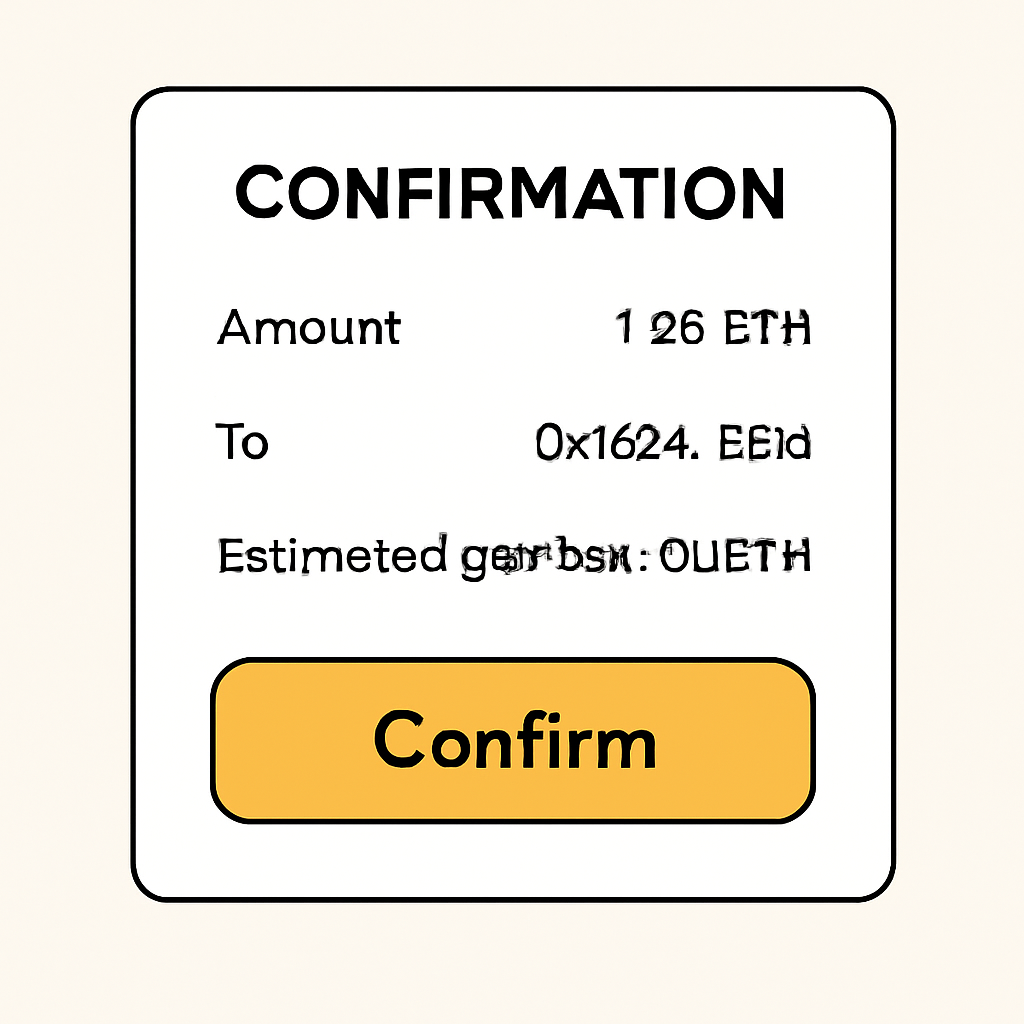 A confirmation screen with a highlighted 'Confirm' button, showing transaction details and estimated gas fees.