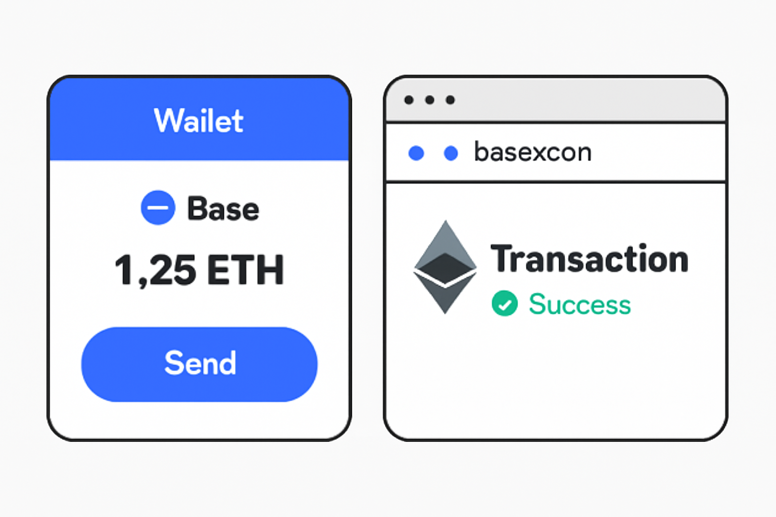 A wallet interface showing an updated ETH balance on the Base network, with a browser tab open to BaseScan displaying a successful transaction.