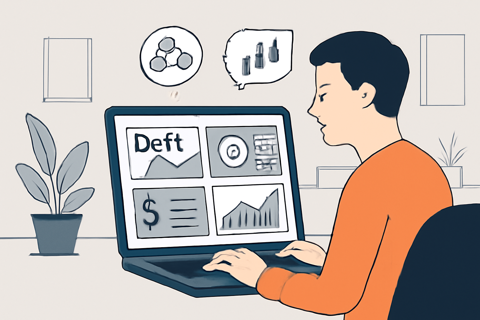 A user browsing various DeFi dashboards on a laptop, with blockchain and stock icons visible, in a modern workspace.