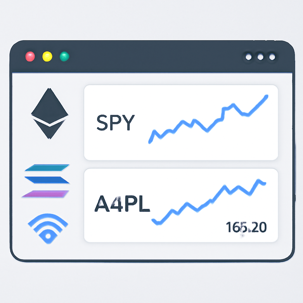 A modern dashboard showing real-time price charts for tokenized stocks like SPY and AAPL, with blockchain network logos and data stream indicators.