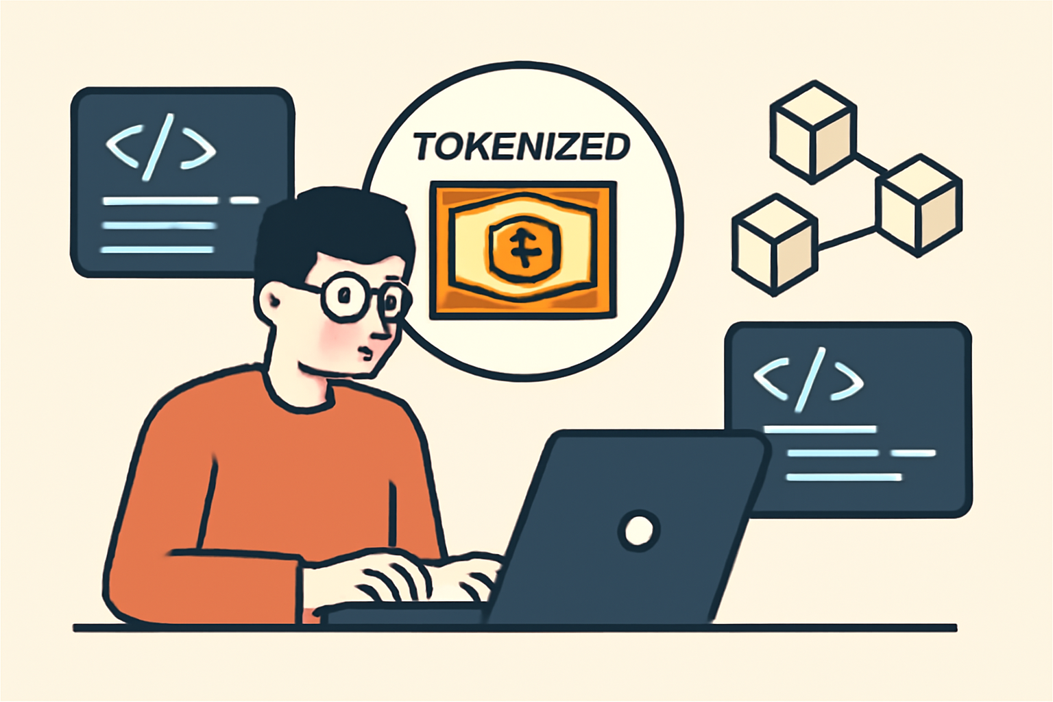 A developer integrating a tokenized stock API on a laptop, with code snippets and blockchain icons in the background.