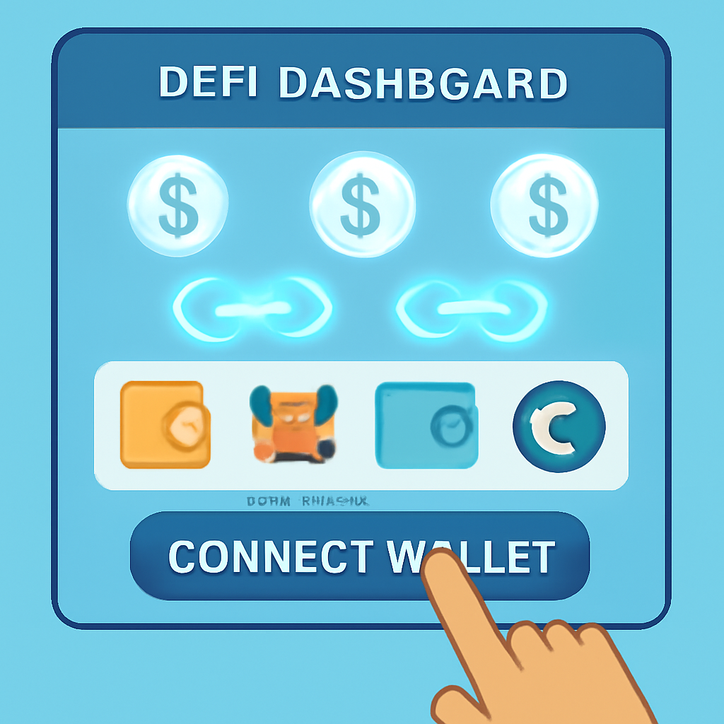 A hand clicking 'Connect Wallet' on a DeFi dashboard screen, with wallet icons and blockchain links glowing.