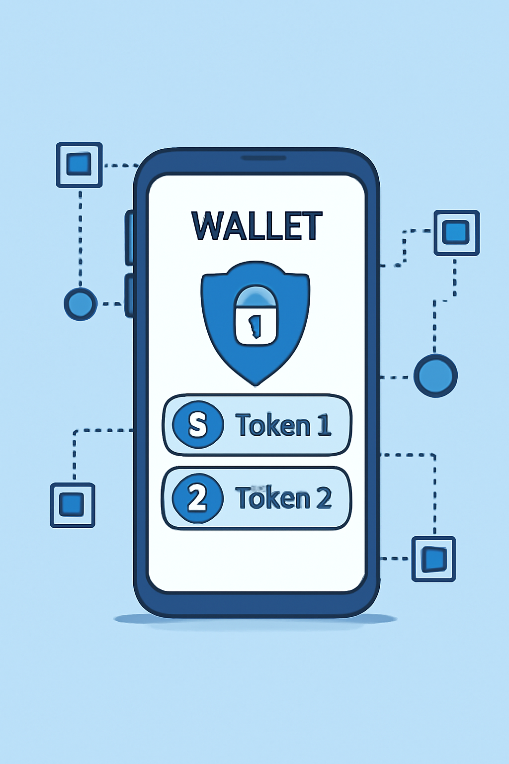 A digital wallet interface on a smartphone, displaying tokens and a secure lock symbol, surrounded by blockchain graphics.