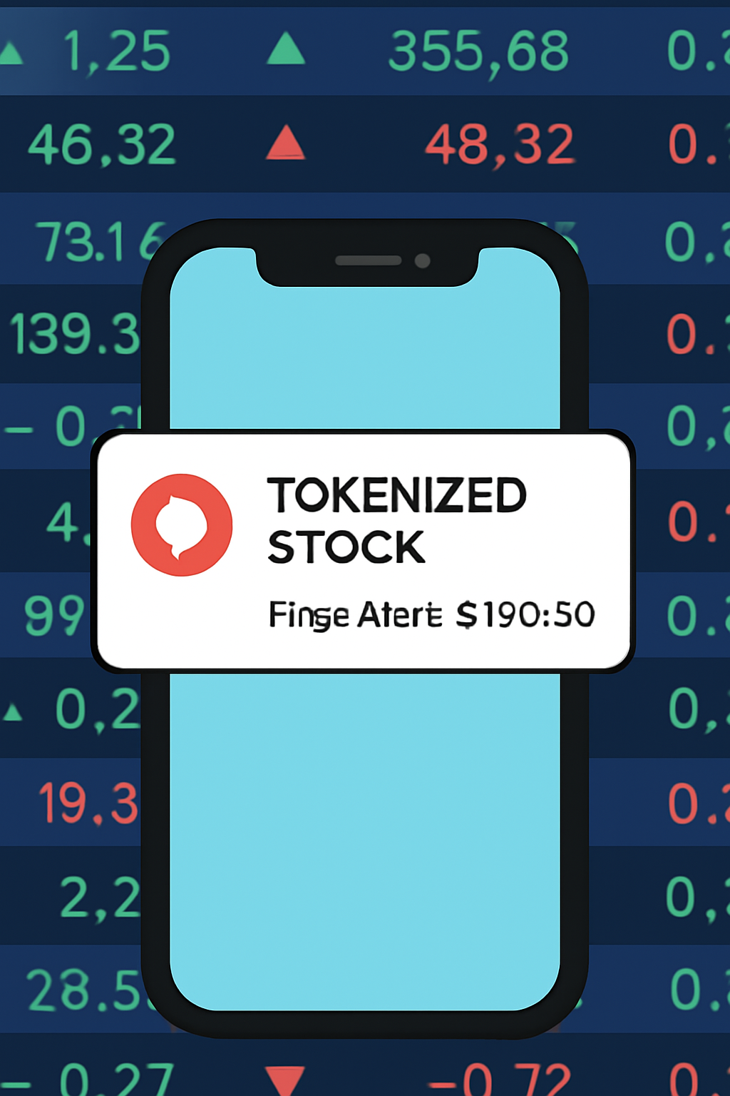A smartphone displaying a notification for a tokenized stock price alert, with a background of digital stock tickers.