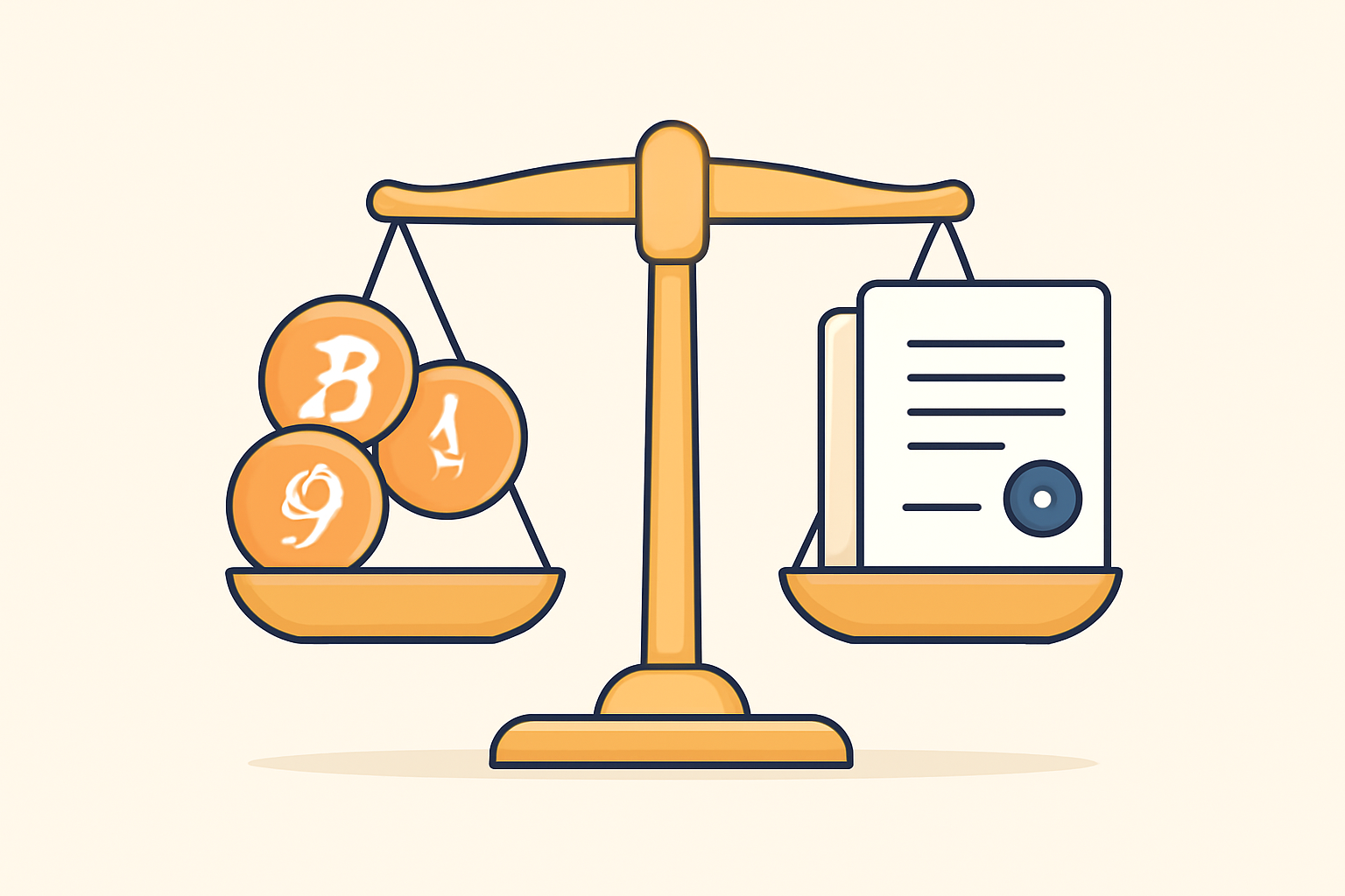 A balanced scale with digital tokens and legal documents, representing regulation and compliance in blockchain finance.