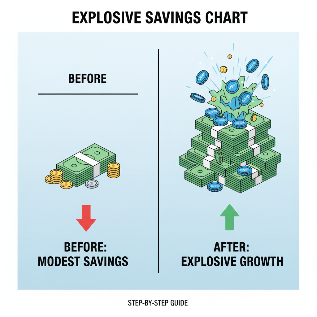explosive savings chart before-after money stacks USDC coins flying