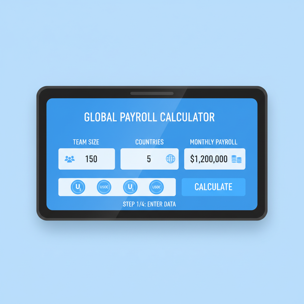 sleek calculator screen with team size countries payroll inputs glowing blue USDC icons