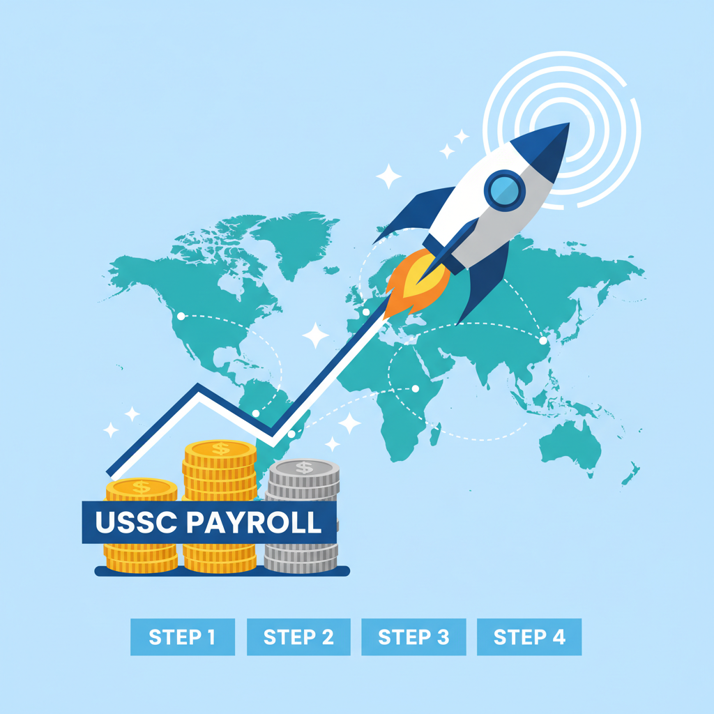 upward projection graph USDC payroll rocket launching global map