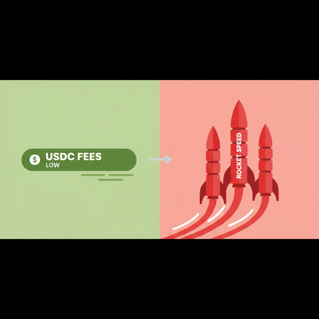 green slim bar low USDC fees vs red towers rocket speed lines