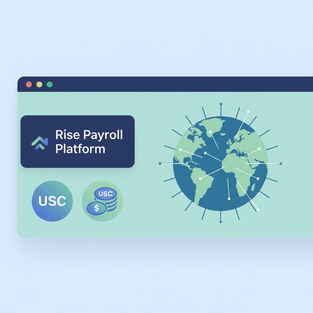 sleek dashboard selecting Rise payroll platform with USDC stablecoin icons and world map