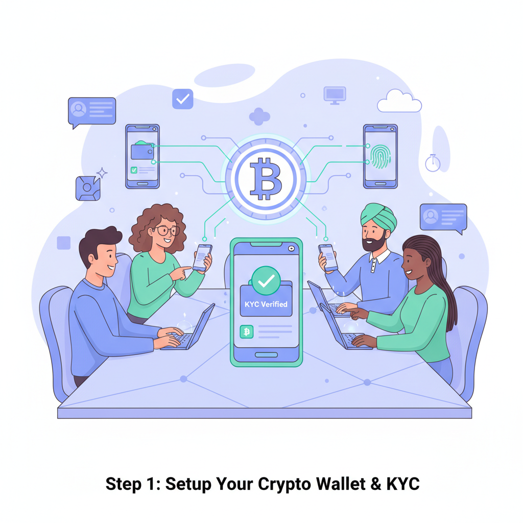 diverse remote workers setting up crypto wallets on phones with KYC checkmarks glowing