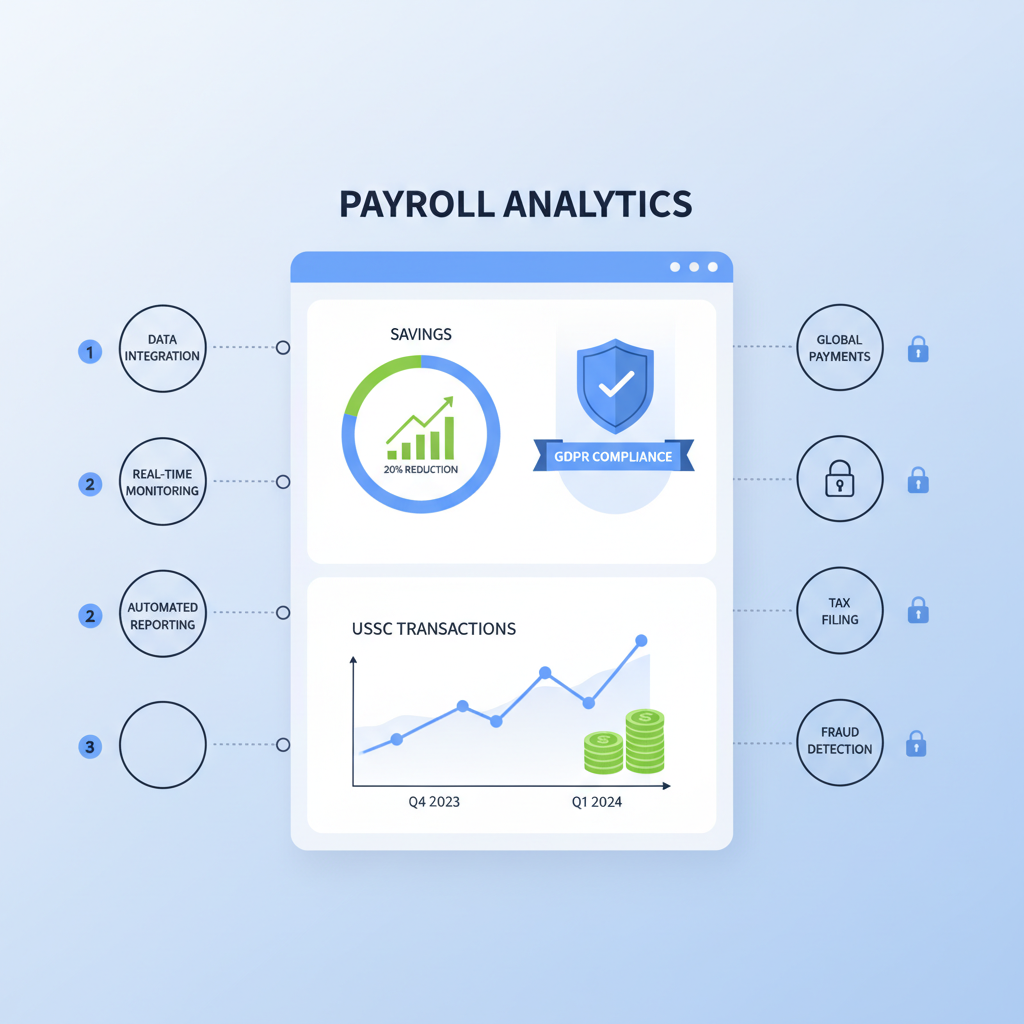 dashboard monitoring payroll analytics with savings charts, compliance shields, and USDC trends