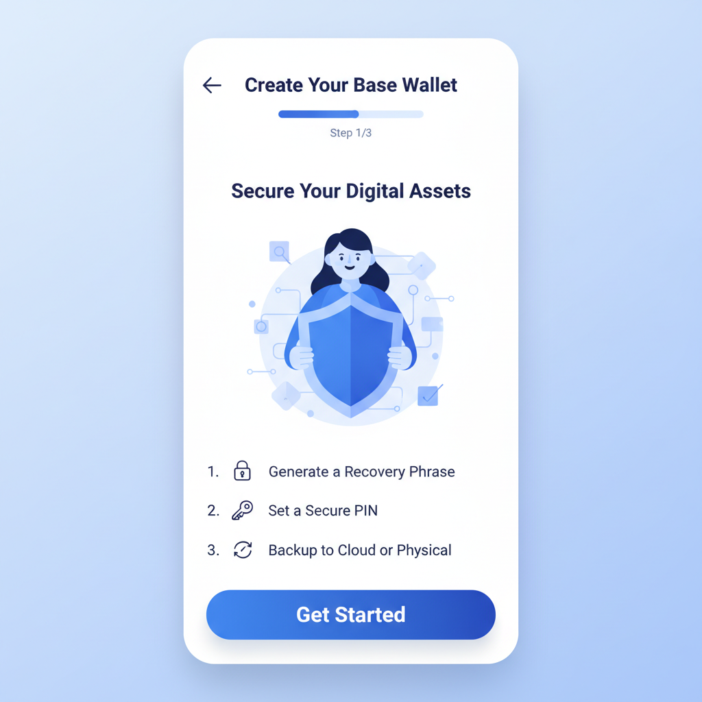 clean mobile app interface for Base App wallet setup, blue theme, wallet creation screen