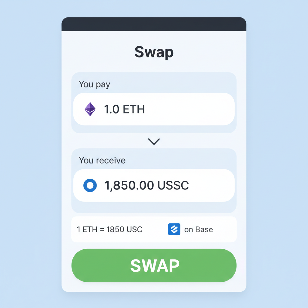 Uniswap swap screen on Base chain, ETH to USDC exchange, green buy button