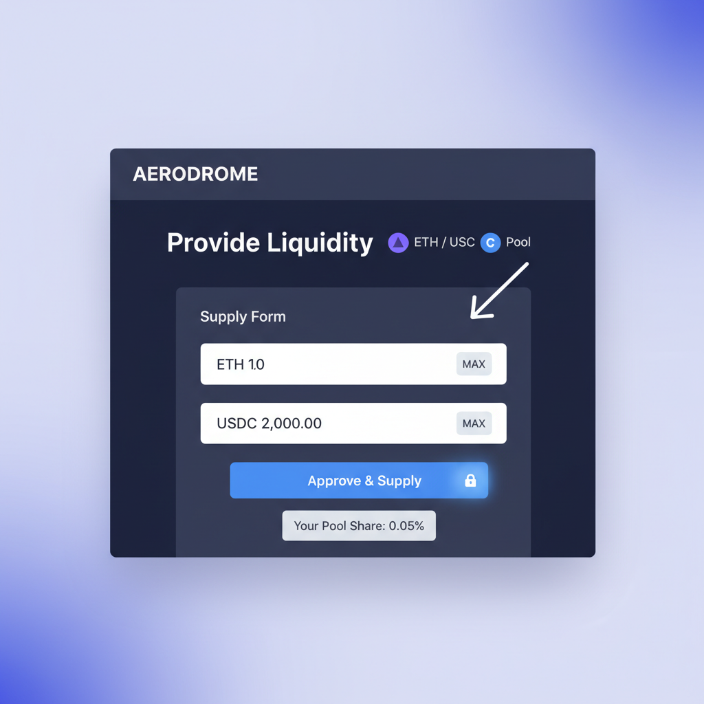 Aerodrome DEX liquidity provision interface, ETH-USDC pool, supply form