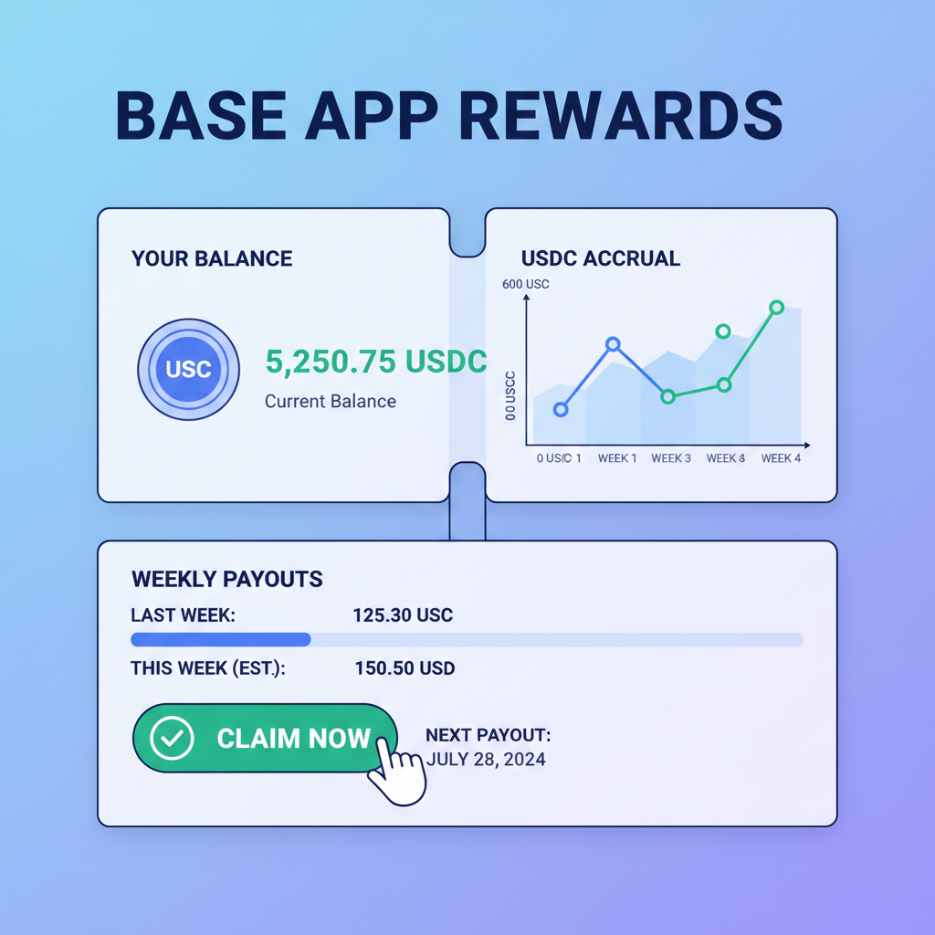 Base App rewards dashboard, USDC balance accrual graph, weekly payout info