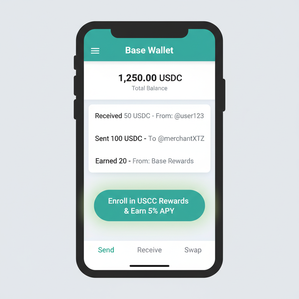 Base App wallet screen with USDC rewards enrollment button highlighted
