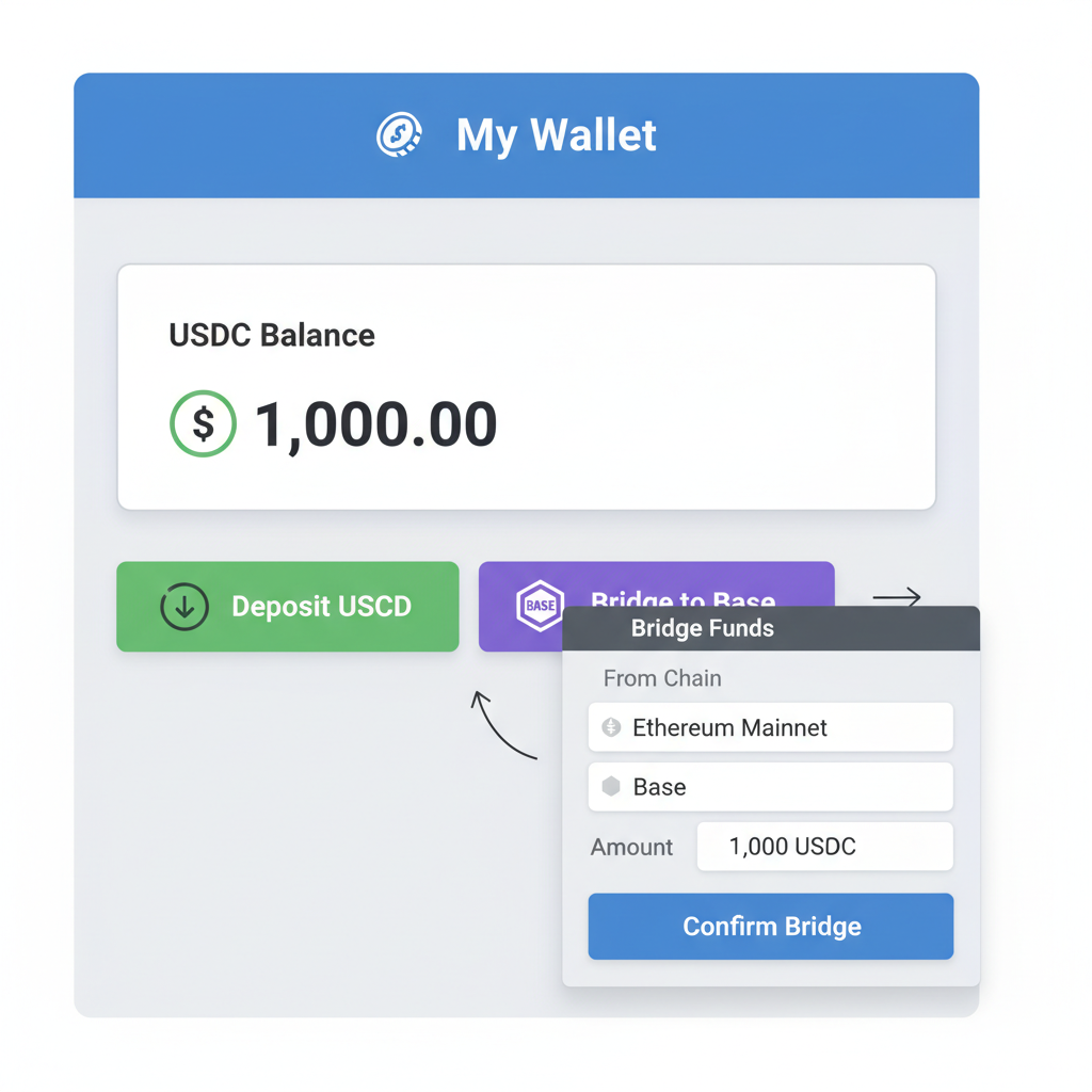 wallet interface showing USDC deposit and bridge to Base chain