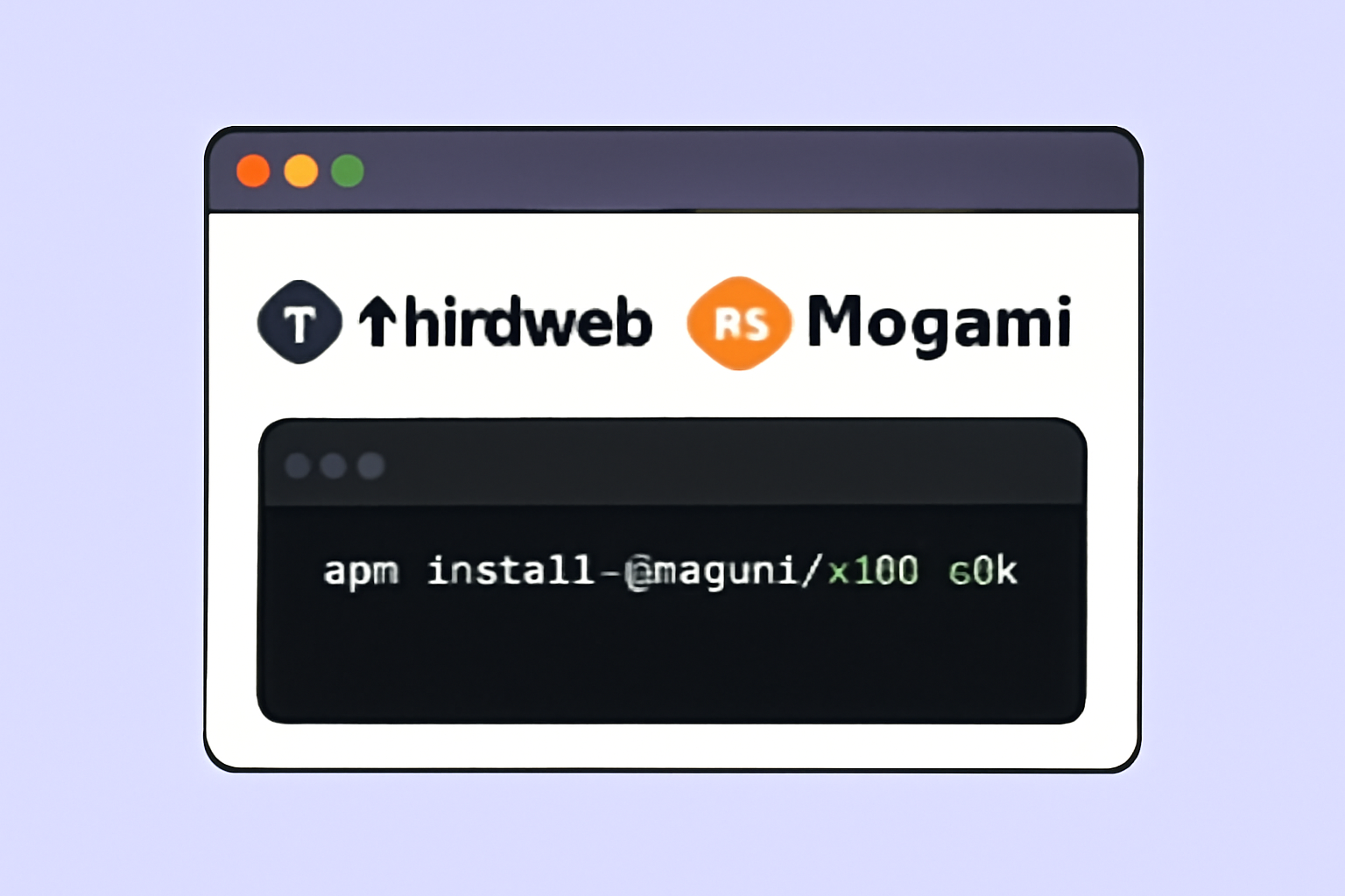A code editor showing installation of a JavaScript SDK for x402 integration with logos of Thirdweb and Mogami