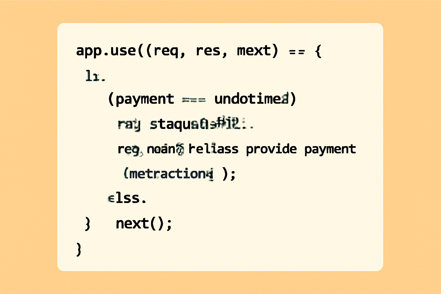 Express.js code snippet showing middleware logic: if payment missing, respond with 402 and payment instructions; else, proceed
