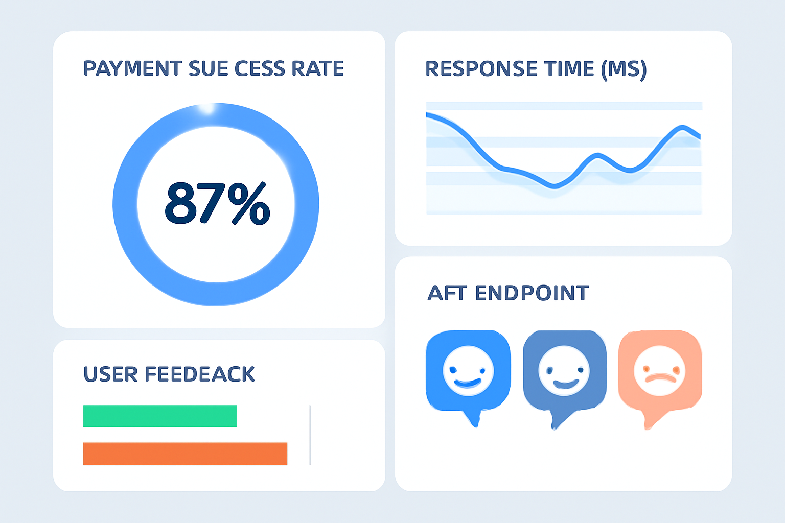A dashboard with analytics showing payment success rates, response times, and user feedback for the API endpoint