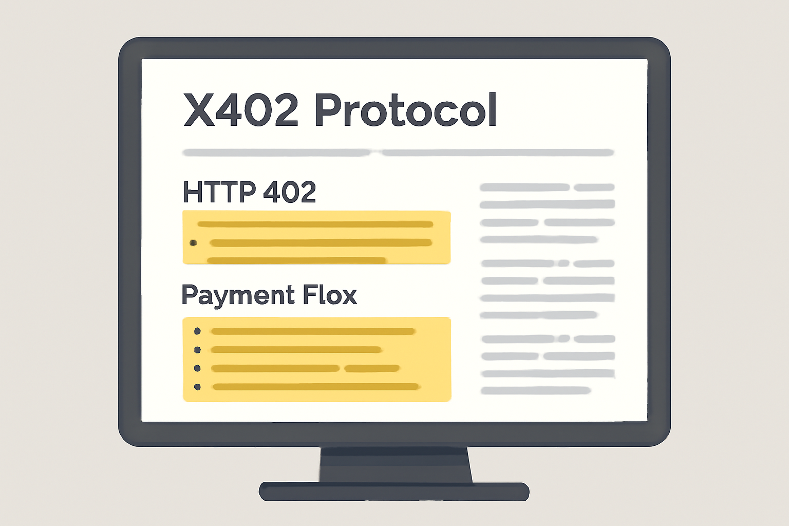 A computer screen displaying the x402 protocol documentation with highlighted sections on HTTP 402 and payment flow