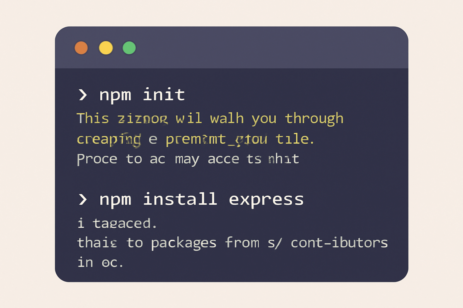 A developer terminal showing 'npm init' and 'npm install express' commands being run for a new project