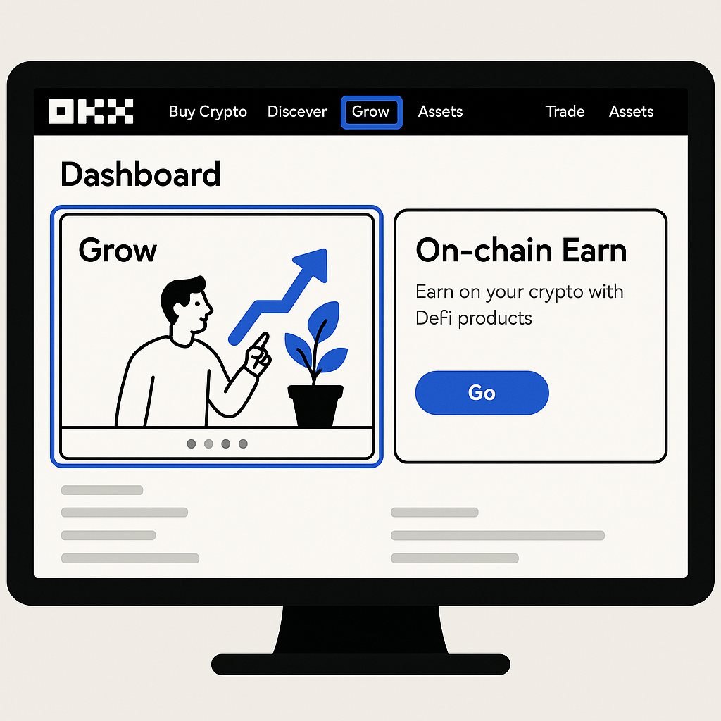 A computer screen showing the OKX dashboard, with the 'Grow' and 'On-chain Earn' sections highlighted, sleek and modern UI