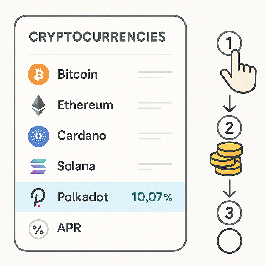 A digital dashboard listing various cryptocurrencies and their APRs, with Polkadot (DOT) highlighted at 10.07% APR, clean and informative style