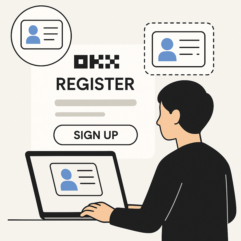 A person using a laptop to register on a crypto exchange, uploading identification documents, with OKX branding visible, modern and clean style