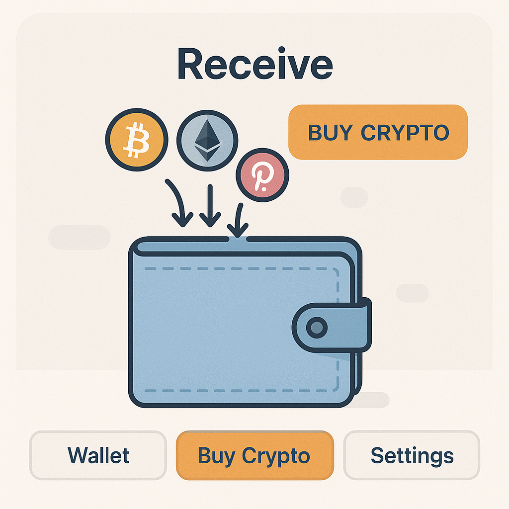 A digital wallet receiving cryptocurrency deposits, with icons for Bitcoin, Ethereum, and Polkadot, and a 'Buy Crypto' button highlighted, on a user-friendly interface