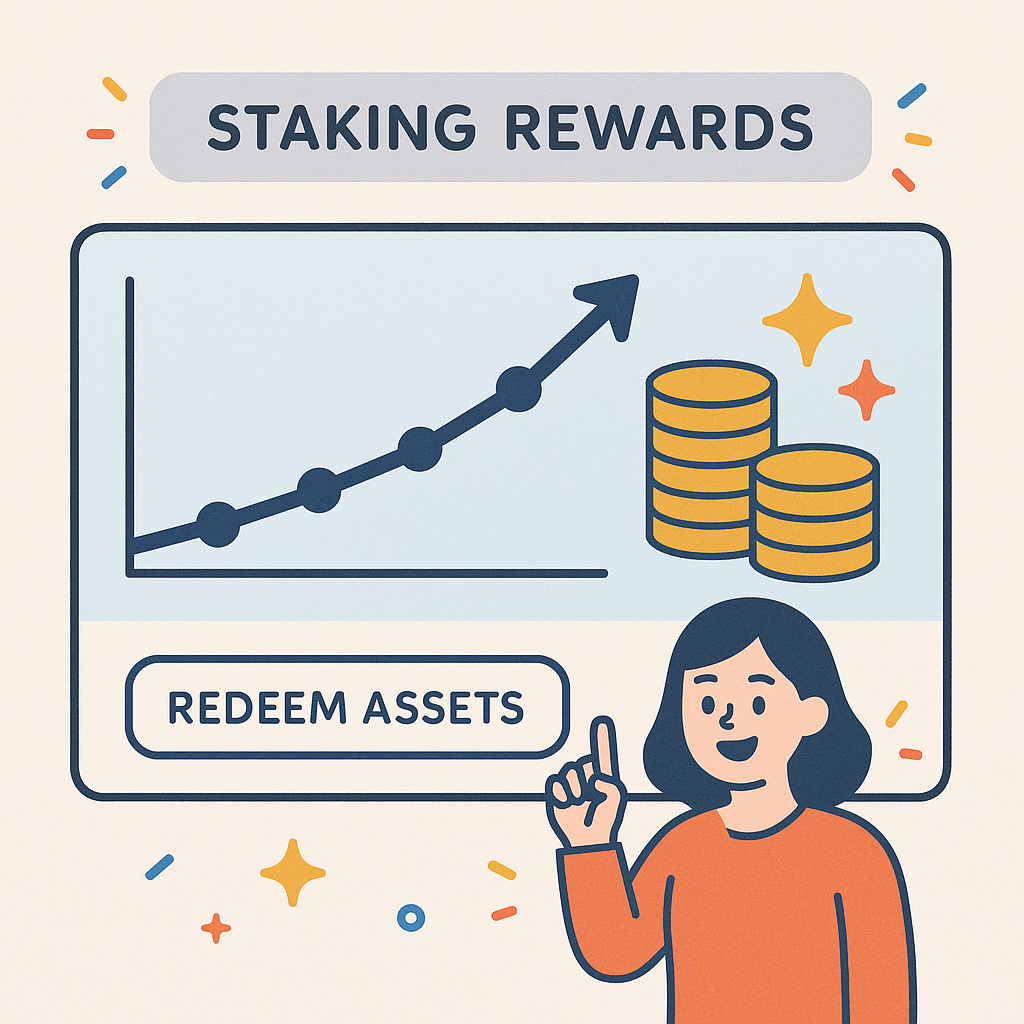 A dashboard displaying staking rewards accumulating over time, with options to redeem assets, celebratory and positive atmosphere