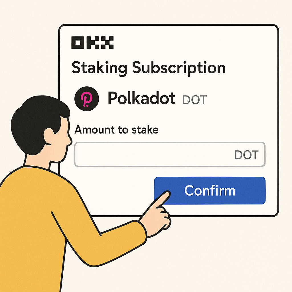 A user confirming a staking subscription for Polkadot (DOT) on OKX, entering the amount to stake, and clicking a confirm button, clear and focused interface