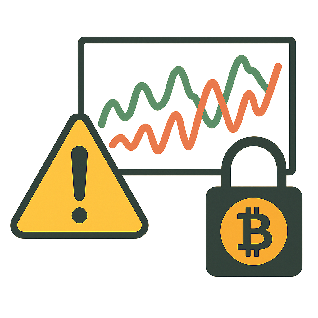 A warning sign next to fluctuating crypto charts and a lock icon, representing risk and locked assets, informative and cautionary style