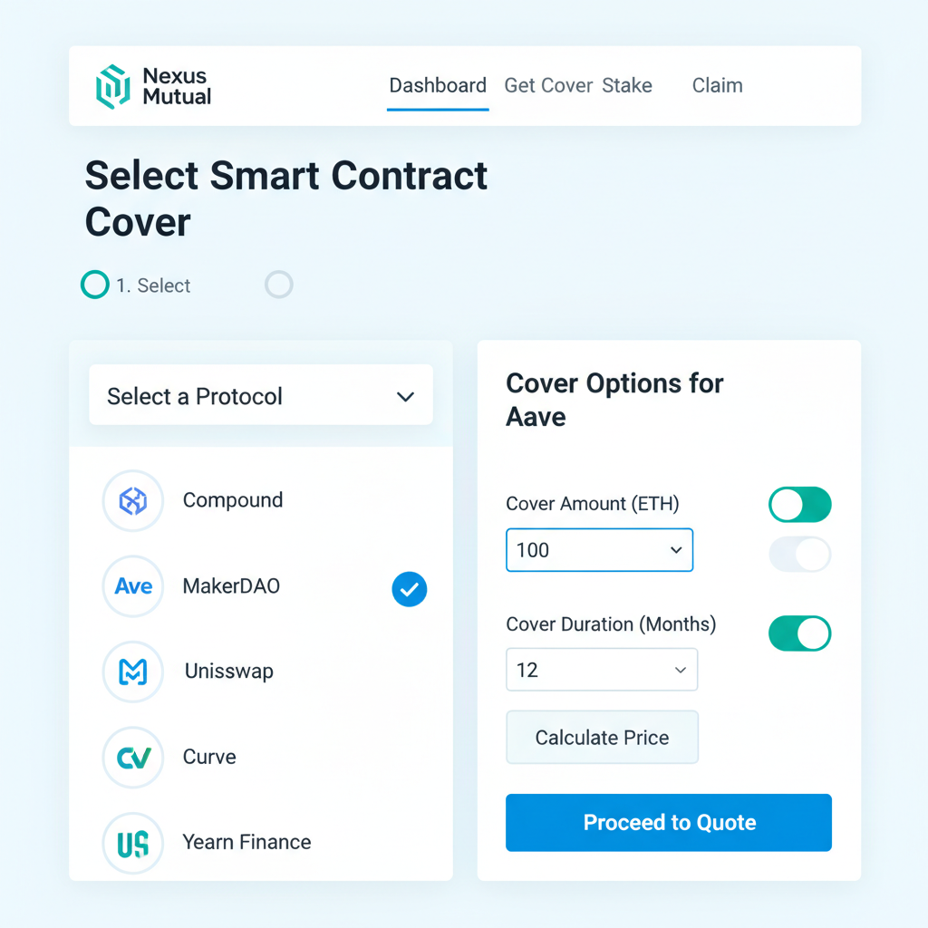 Nexus Mutual interface selecting smart contract cover options list protocols