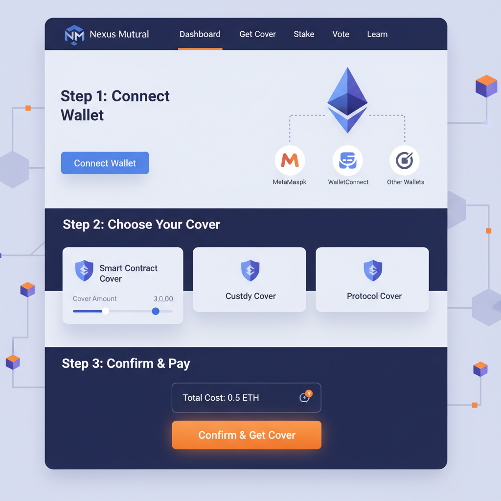 sleek DeFi insurance website Nexus Mutual dashboard Ethereum blockchain theme