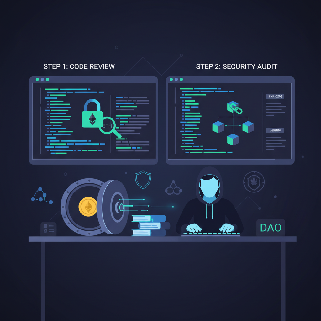 developer auditing Ethereum smart contract code on dual monitors, blockchain icons, secure vault theme, professional dark mode