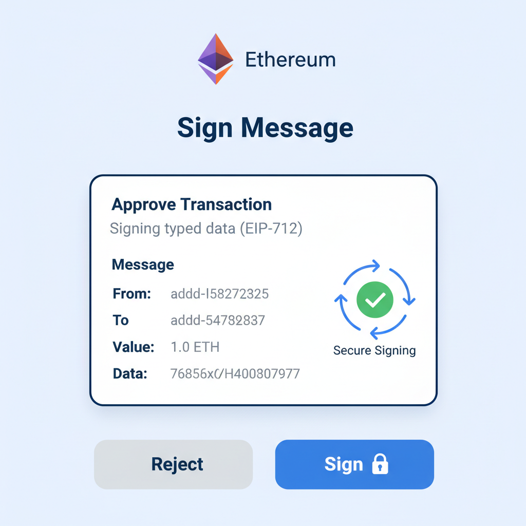 user interface showing EIP-712 signature prompt in crypto wallet, Ethereum logo, secure signing animation