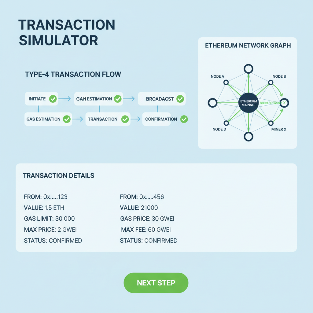 blockchain transaction simulator dashboard with Type-4 tx visualization, green checkmarks, Ethereum network graph