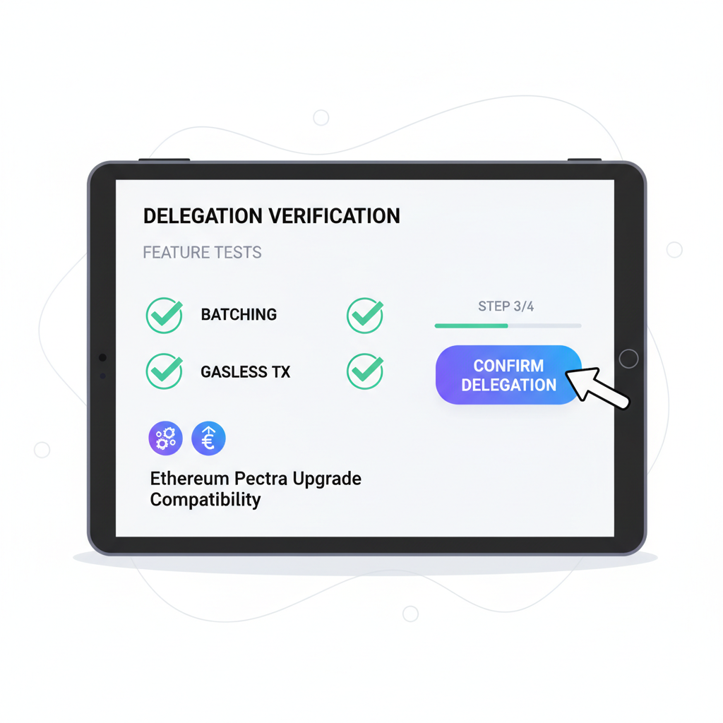 wallet dashboard verifying delegation with feature tests, checkmarks for batching and gasless tx, Ethereum Pectra upgrade icons
