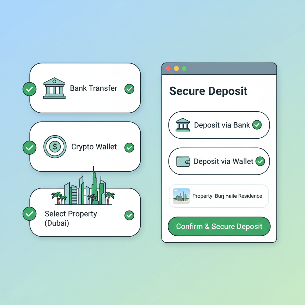 Secure deposit interface on crypto platform, bank transfer and wallet icons, green checkmarks, Dubai property visuals