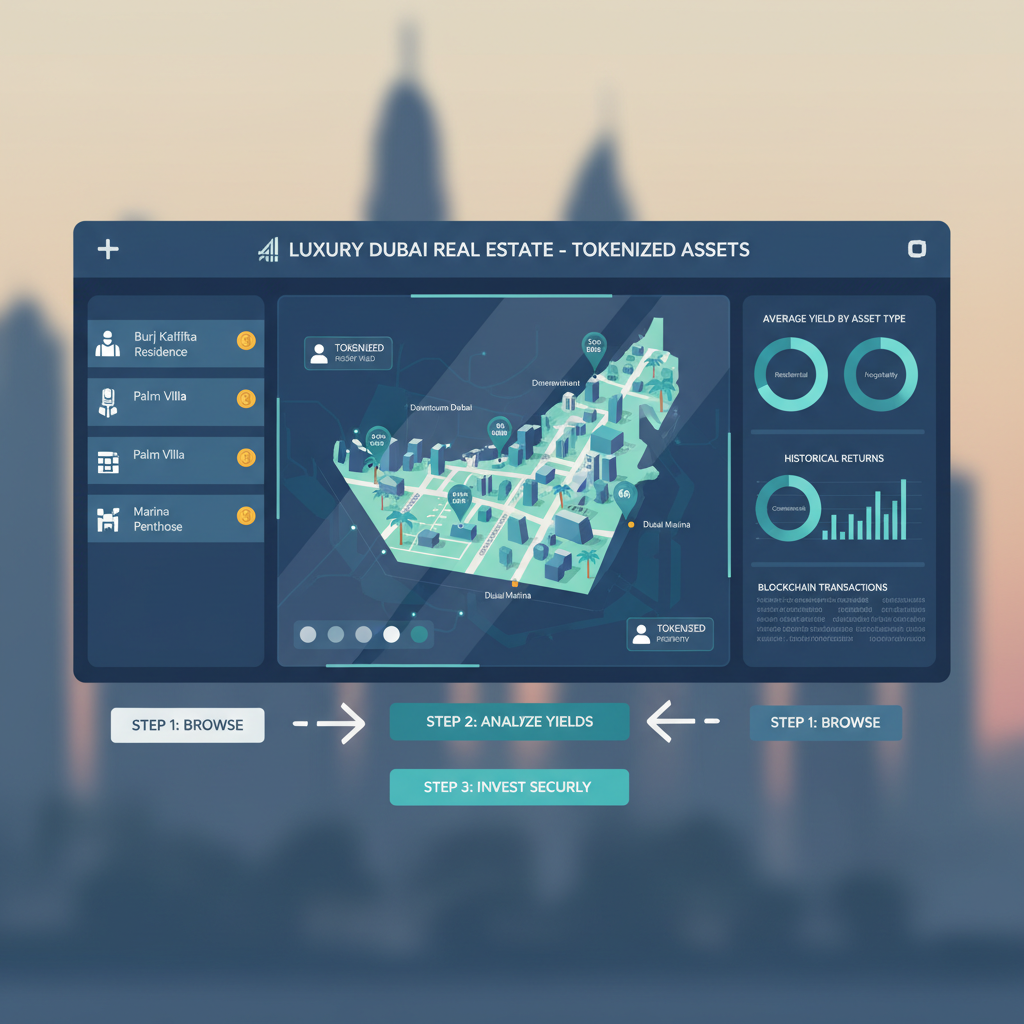 Dashboard browsing luxury Dubai tokenized properties, interactive maps, charts of yields, modern blockchain interface
