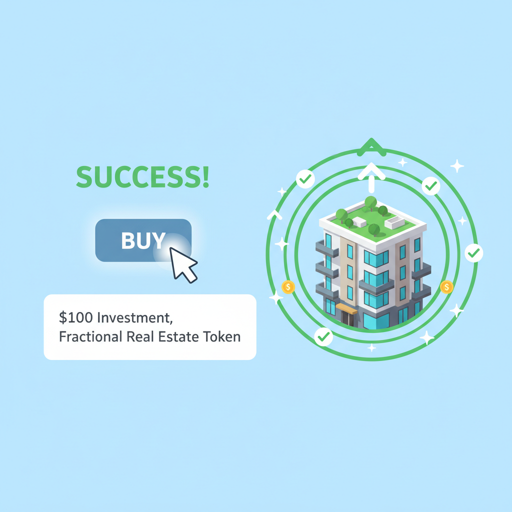 Buy button clicked on fractional real estate token, $100 investment, property rendering, success animation